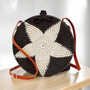 Circular Rattan Bag Handmade In Bali Leather Straps